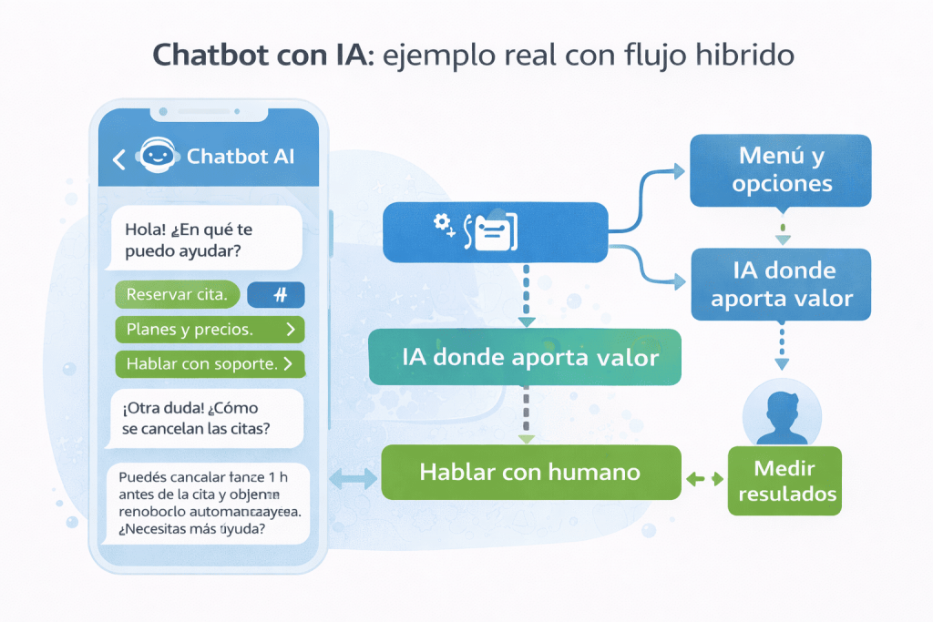 chatbot con IA: ejemplo real con flujo híbrido