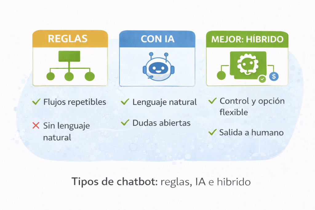 tipos de chatbot reglas ia e híbrido